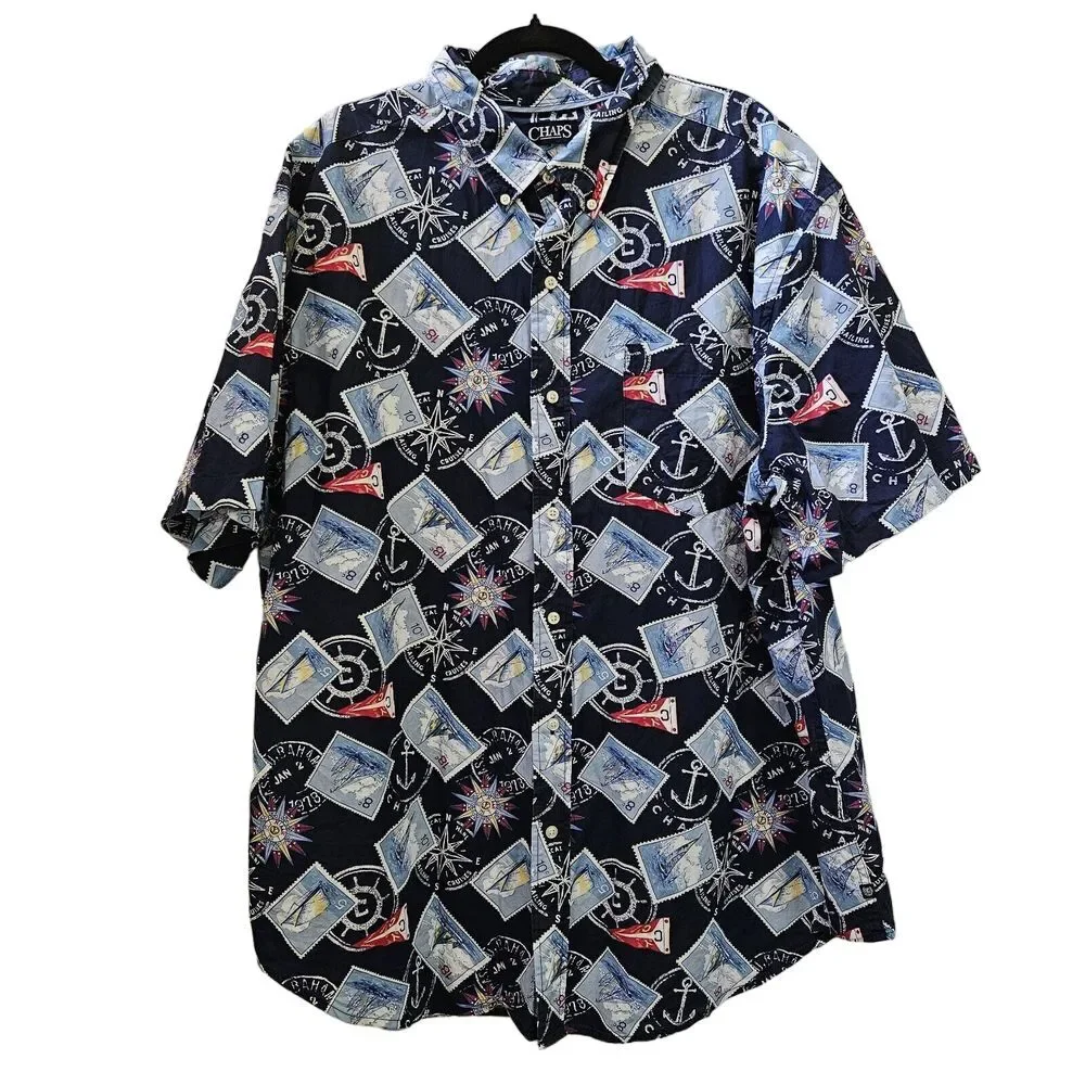 Chaps Nautical Print Shirt Men 2XB Sailing Stamp Anchor Short Sleeve Button Down